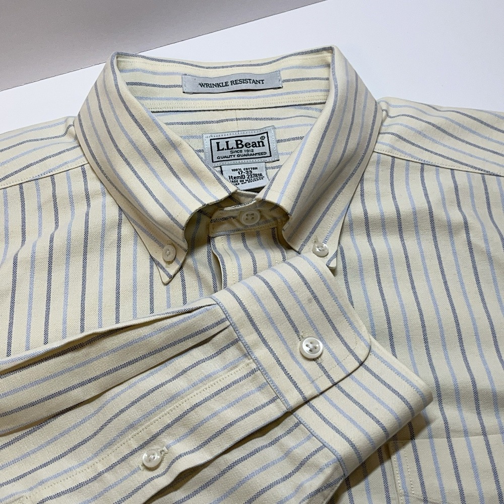 LL Bean Shirt 17 33‎ Button Up Yellow/ Blue Stripe Wrinkle Resistant Mens Preppy